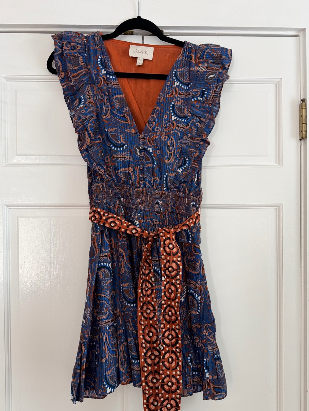 Cleobella Blue Paisley Mini Dress with Rust Tie Belt